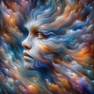 The primary subject of the image is a woman's face, which is the main focus of the image. The setting is a cloudy sky, and the visual style is a digital art or illustration. The colors and mood of the image are predominantly blue and purple, creating a serene and dreamy atmosphere.